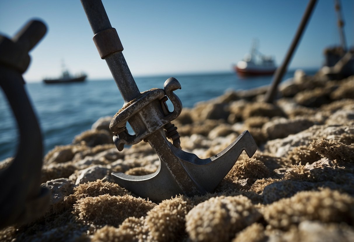 A CQR (Plow) anchor rests on the ocean floor, securing a boat. The anchor is surrounded by calm waters, with the boat in the background