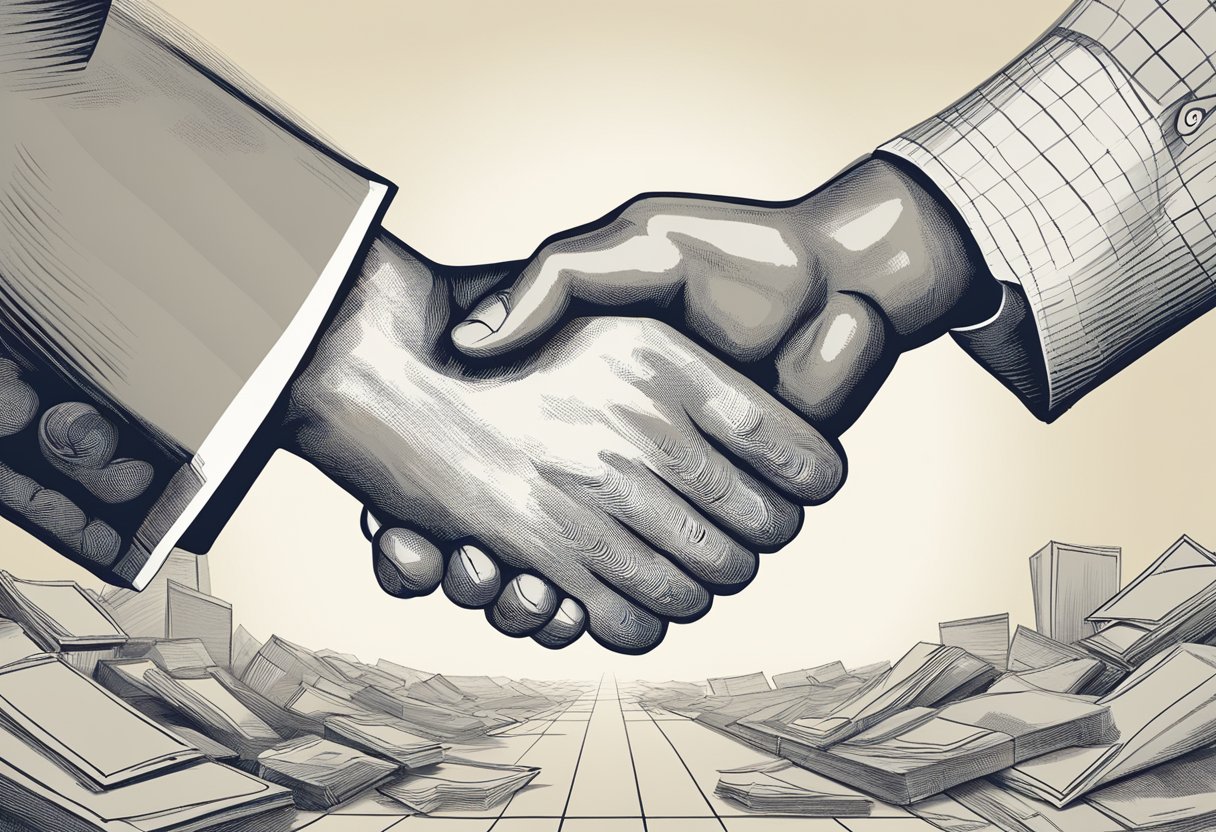 Two parties shake hands, signaling the end of a conflict resolution. Papers are exchanged, marking the completion of the transaction