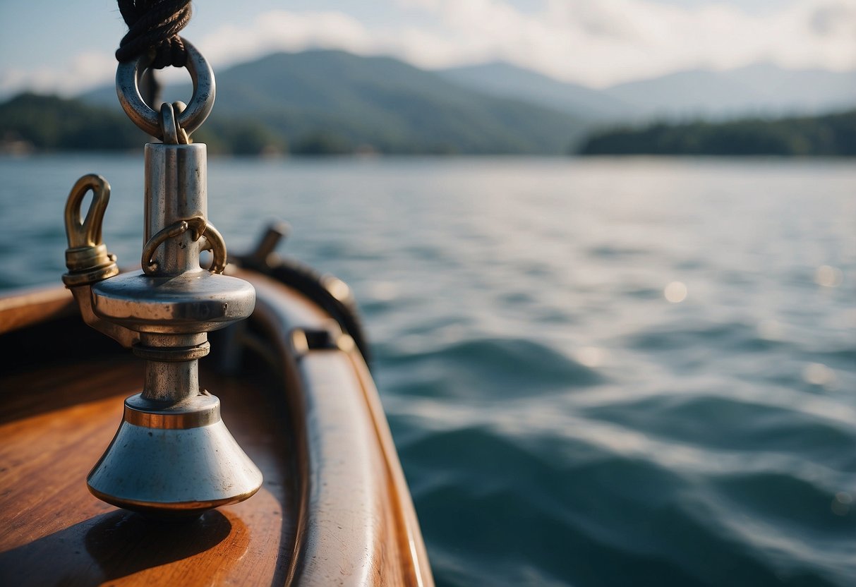 A sturdy delta anchor secures a boat on calm waters, with a clear view of the surrounding coastline