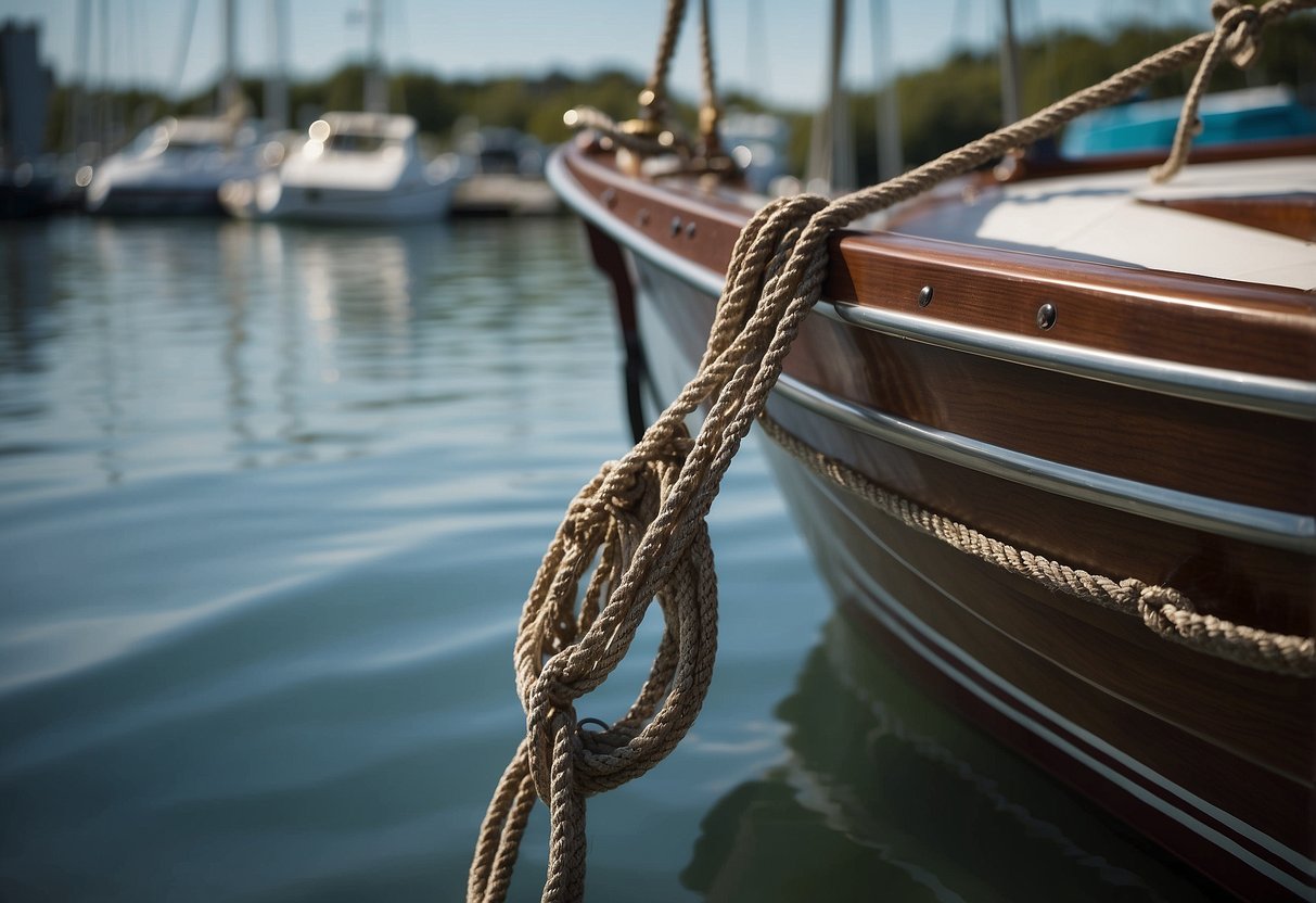 A boat anchored in calm waters with various types of anchors displayed nearby, each labeled with the type of boat it is best suited for