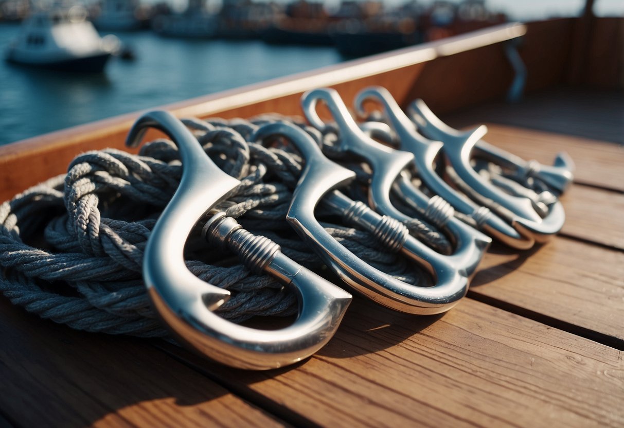 Anchors neatly organized on a boat deck, each labeled for specific boat types. Proper storage and maintenance emphasized