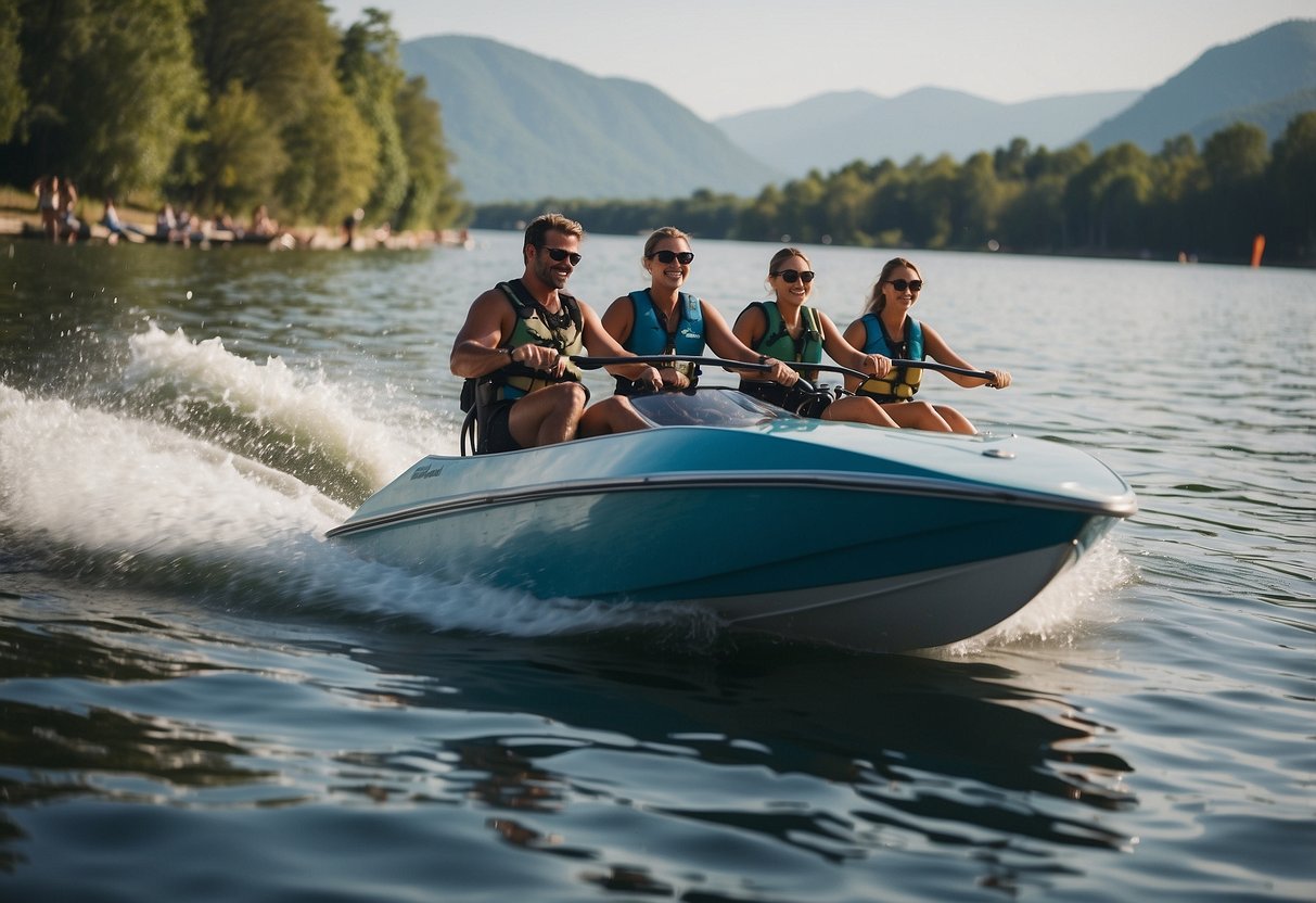 People enjoying water skiing, fishing, tubing, paddleboarding, kayaking, snorkeling, swimming, picnicking, birdwatching, and sunbathing on a boat