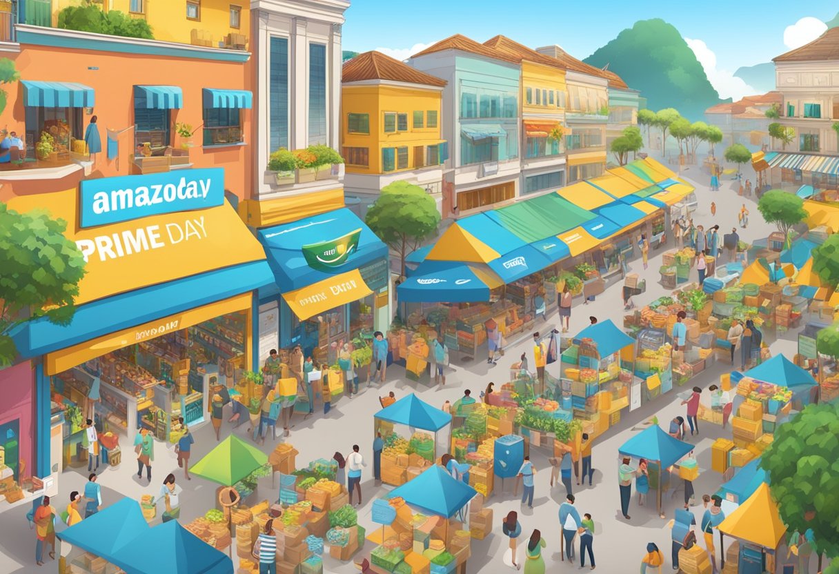 A festive display of Amazon Prime Day in Brazil, with colorful banners, exciting deals, and happy shoppers browsing through a variety of products