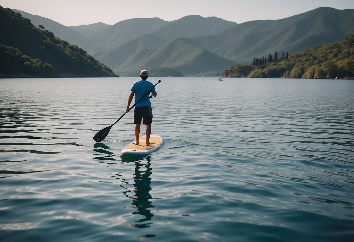 A person paddleboarding on calm blue waters, surrounded by other boaters enjoying various activities like fishing, kayaking, and sailing