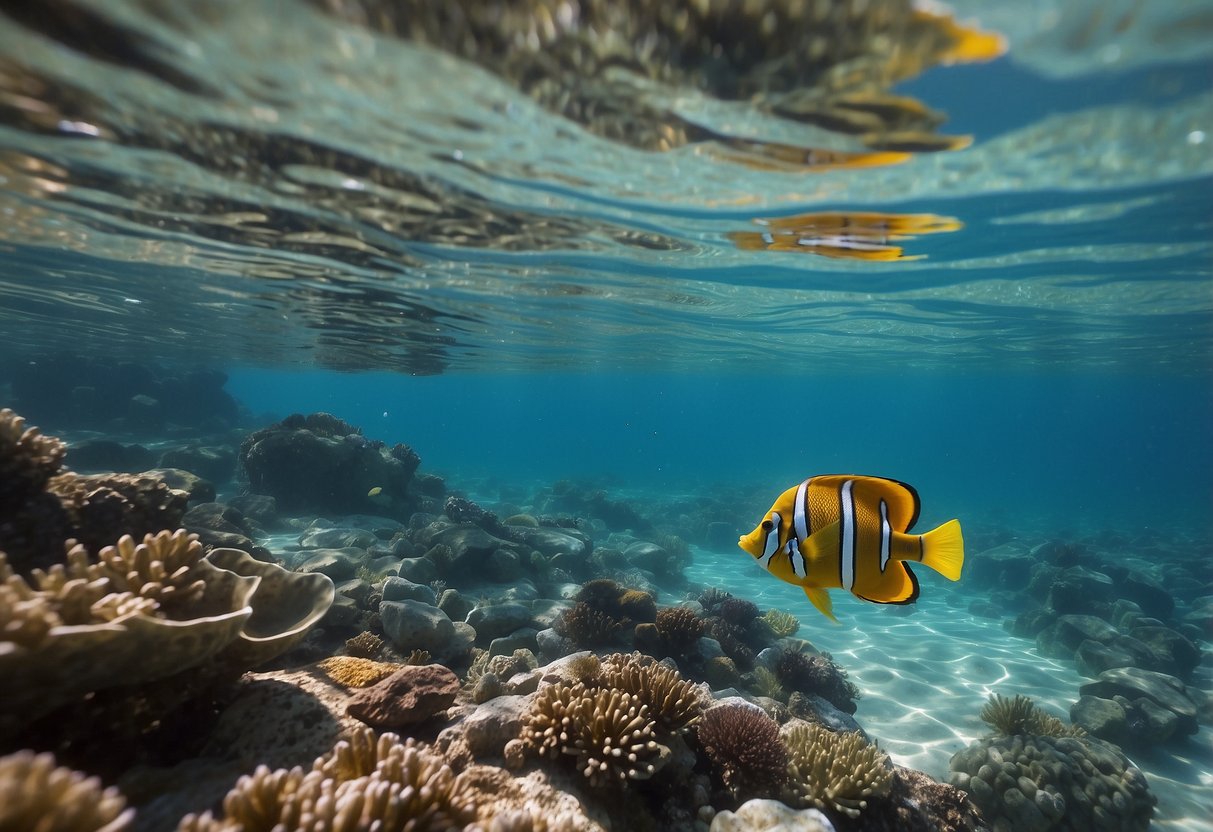 Crystal clear water, colorful fish, and a snorkel floating on the surface. A boat anchored nearby with snorkelers gearing up for an underwater adventure