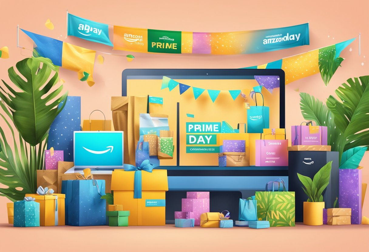 A colorful display of Amazon Prime Day banners and products in a Brazilian setting