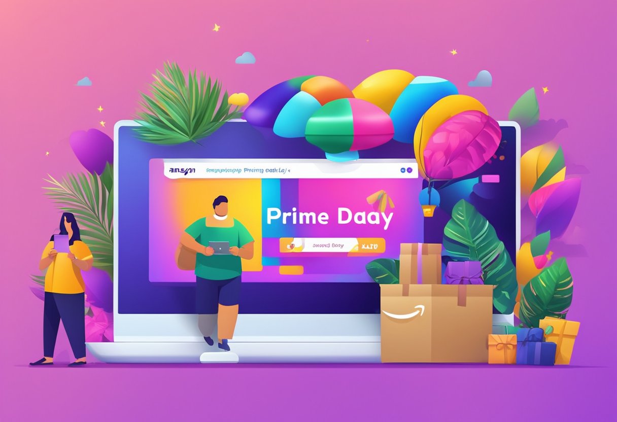 Amazon Prime Day in July, Brazil. Secure shopping tips. Vibrant colors, online shopping on devices, lock icon, happy customers