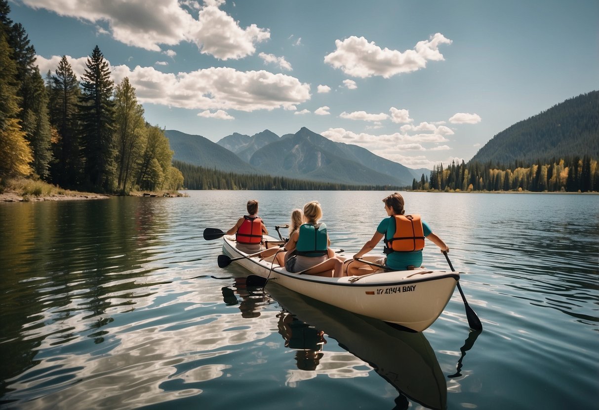 A group of boats gliding across a pristine lake, with people fishing, kayaking, and paddleboarding. In the distance, a sailboat catches the wind, and a family enjoys a picnic on a pontoon boat