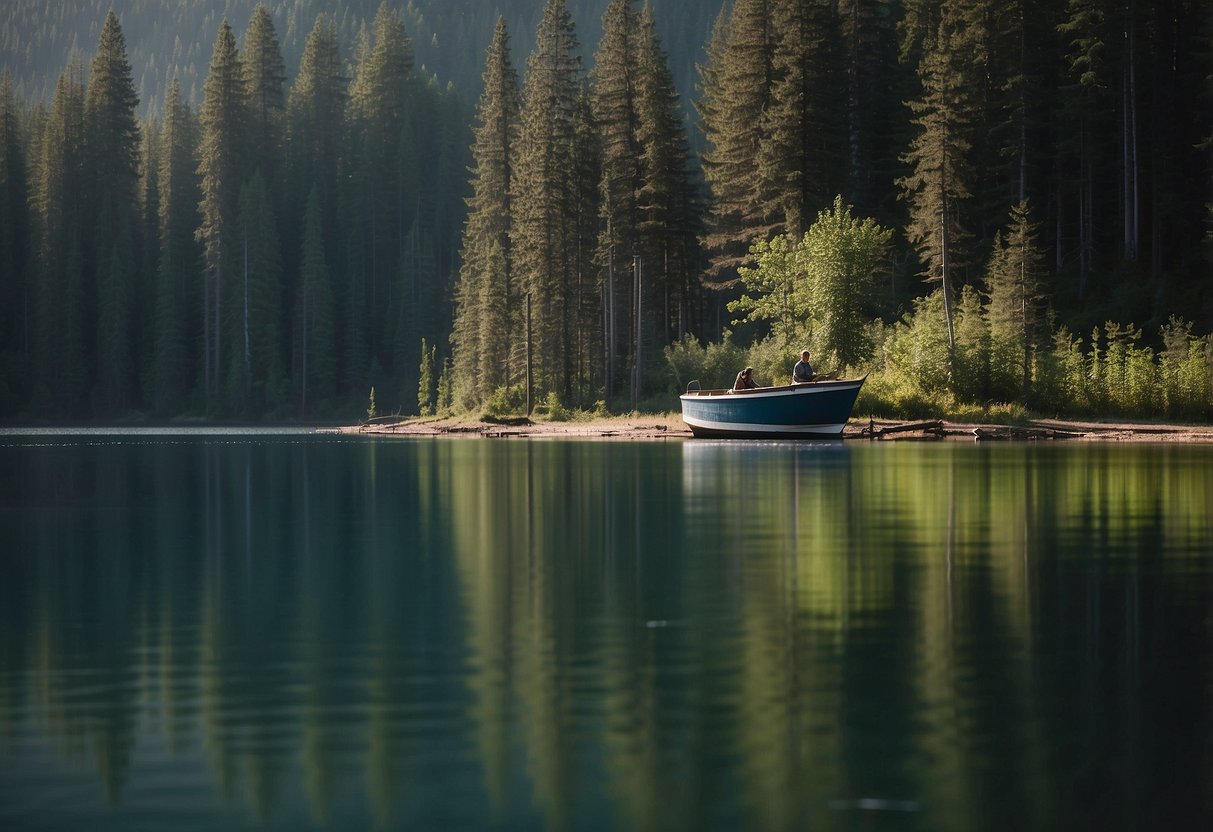 A boat glides through a serene lake surrounded by dense forest. A bear is seen fishing on the shore, while the boat's occupants follow safety tips