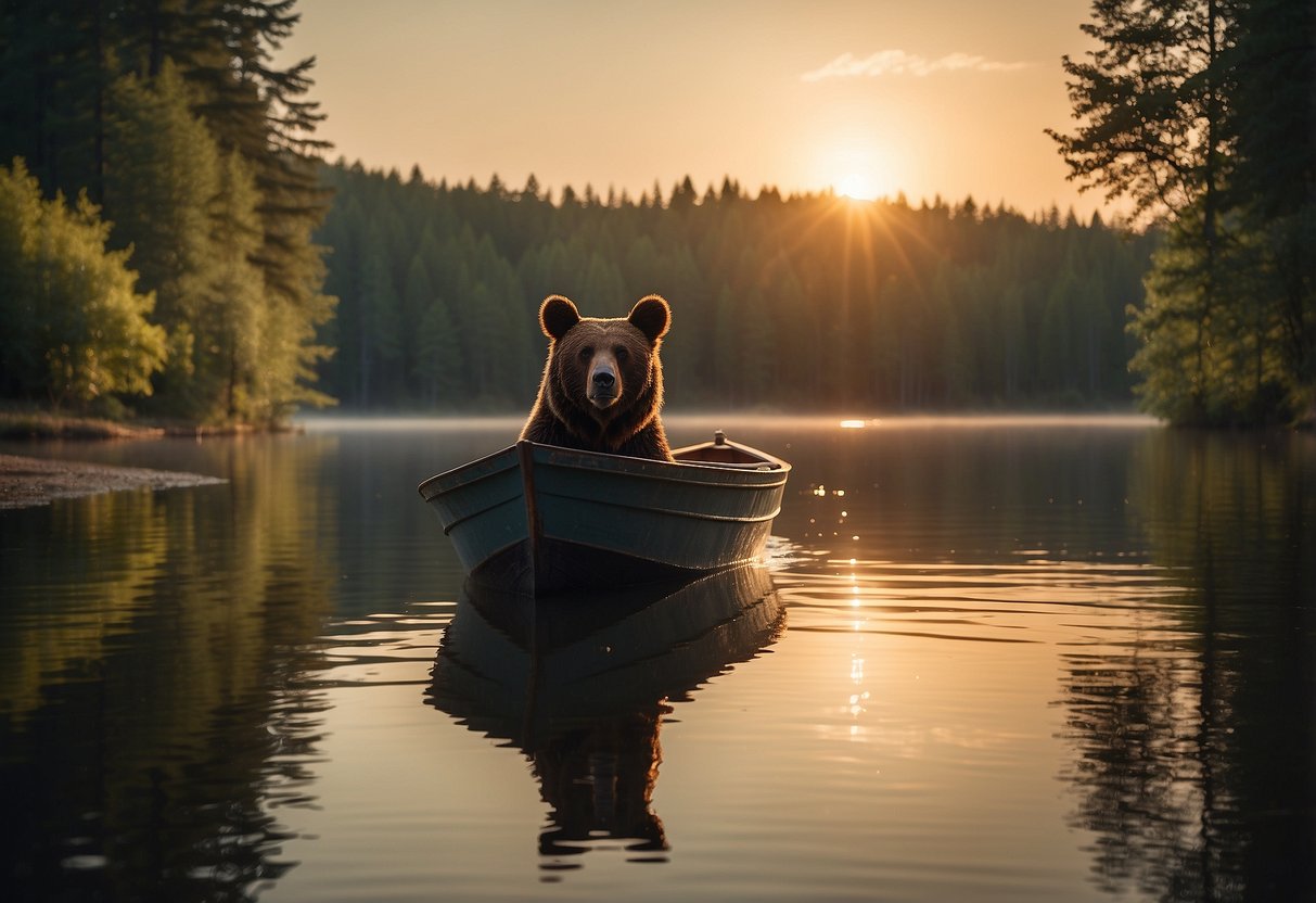 A boat floating on a calm river surrounded by dense forest. A bear stands on the shore, watching the boat with curiosity. The sun is setting, casting a warm glow over the scene