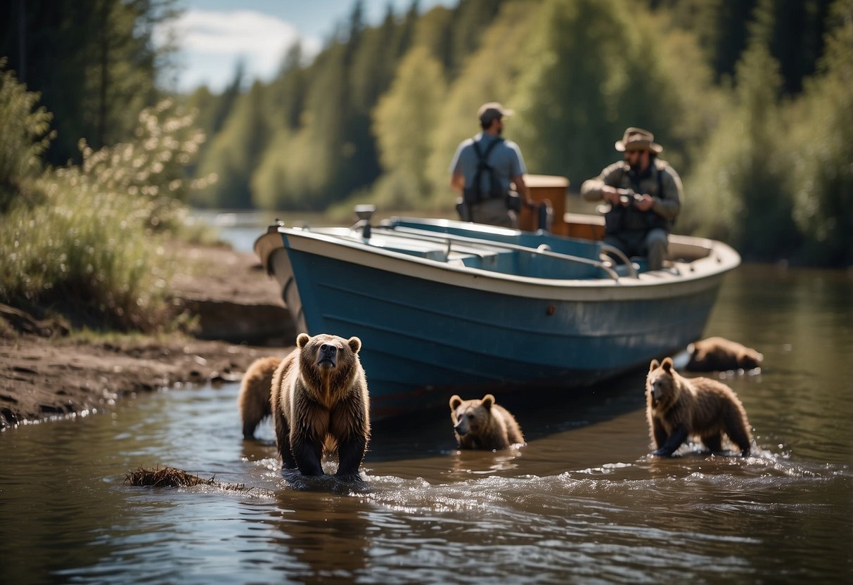 Animals scatter as a boat approaches a riverbank. The boaters are making noise to alert wildlife in bear country