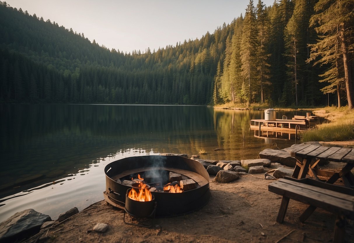 A campsite with a fire pit and a sign warning against cooking. A boat floating on a calm lake surrounded by dense forest