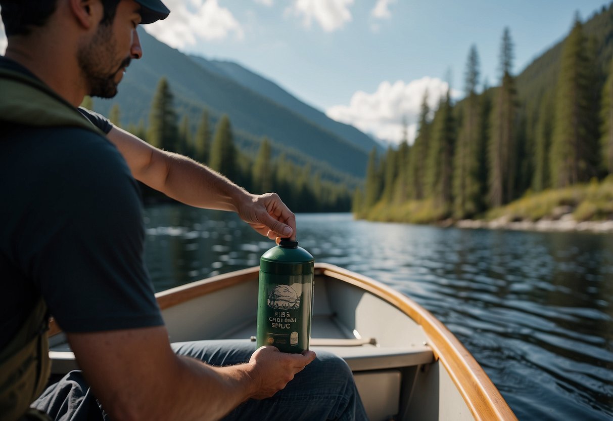 A person in a boat holds a canister of bear spray, surrounded by a tranquil river, dense forest, and distant mountains