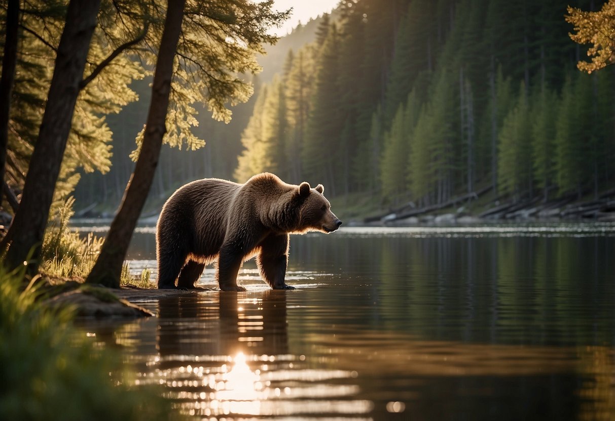 A bear stands on the shore, sniffing the air as a boat approaches. The sun shines on the water, reflecting the surrounding forest