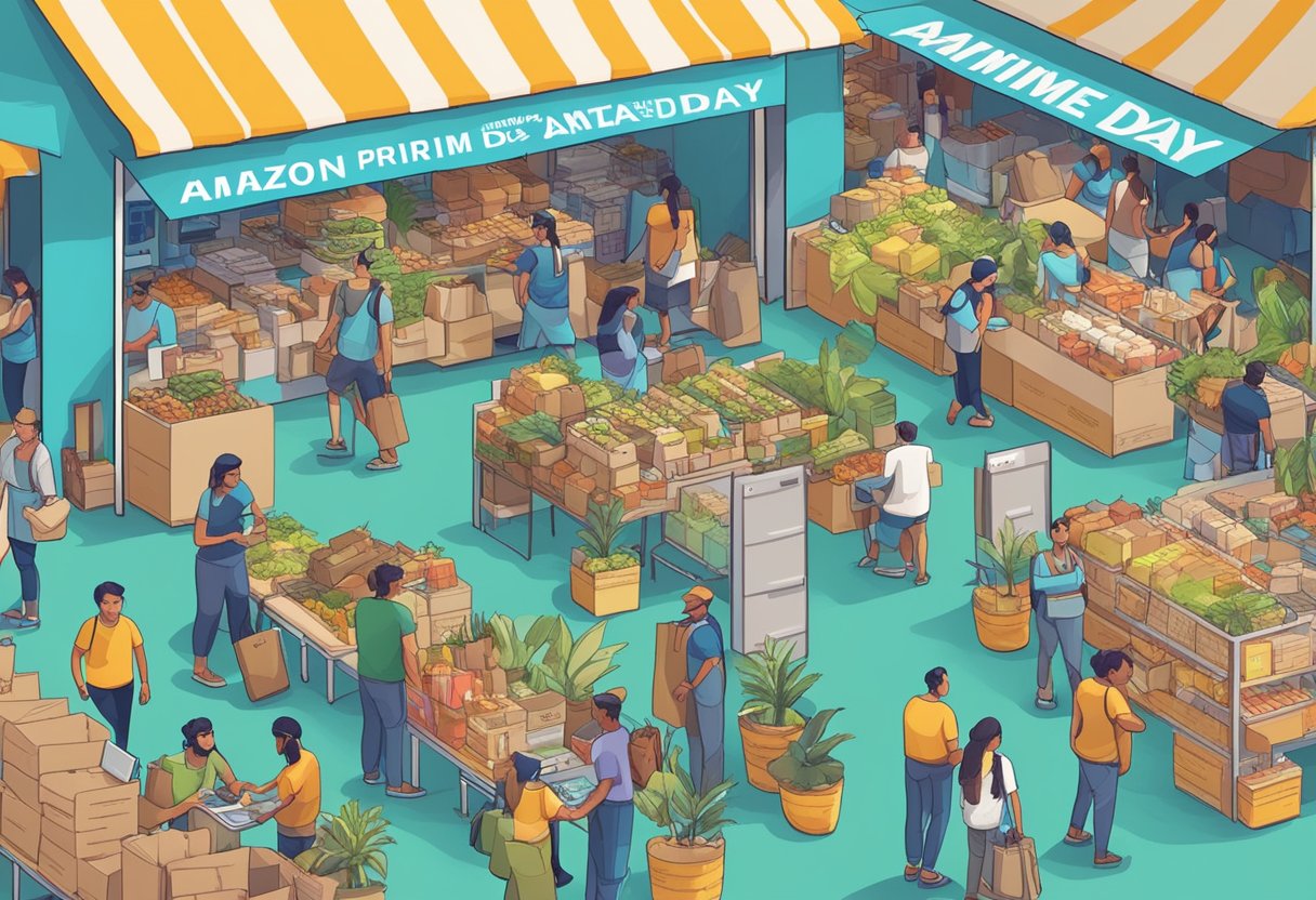 A busy Brazilian marketplace with Amazon Prime Day signs and customers browsing