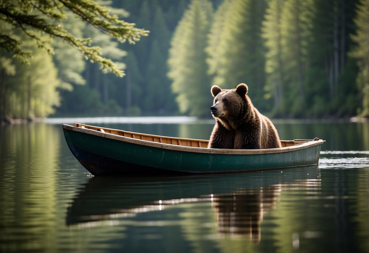 A serene lake surrounded by dense forest, with a small boat in the center. A bear stands at the water's edge, while the boat's occupants calmly follow best boating practices