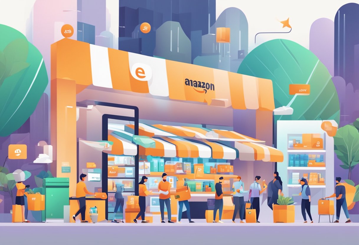 A bustling e-commerce market with sellers on Amazon, Mercado Livre, and Shopee. Various products, logos, and digital interfaces fill the scene