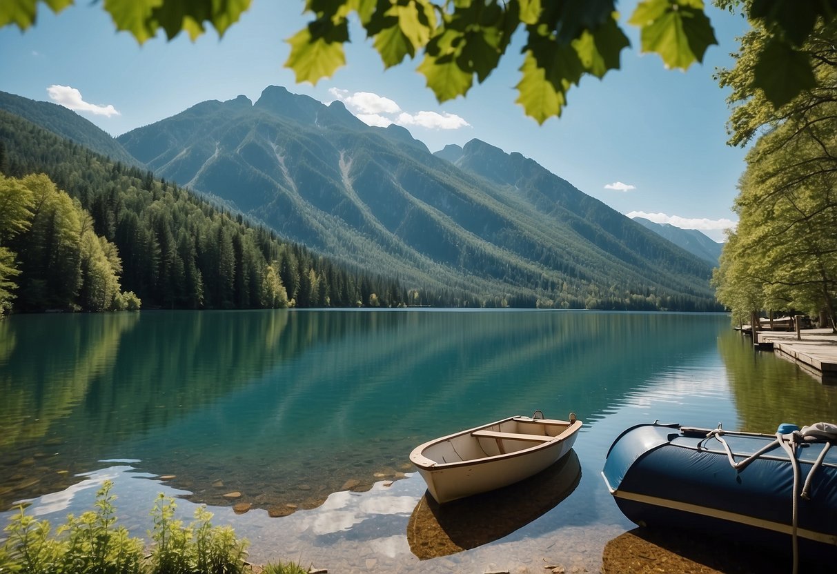 A serene lake with a docked boat, surrounded by lush green mountains and clear blue skies. Safety equipment such as life jackets and a first aid kit are visible on the boat