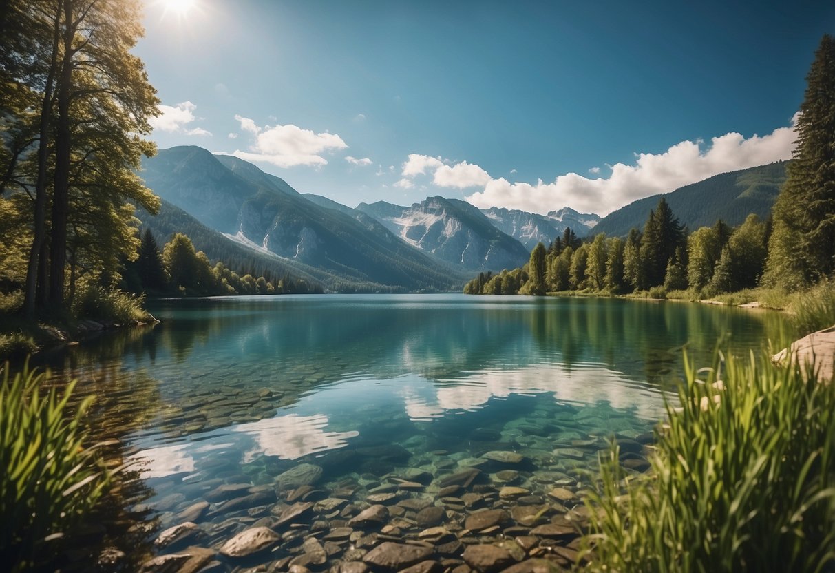 Crystal-clear waters surround a serene lake nestled in the picturesque European countryside, with lush greenery and majestic mountains in the background