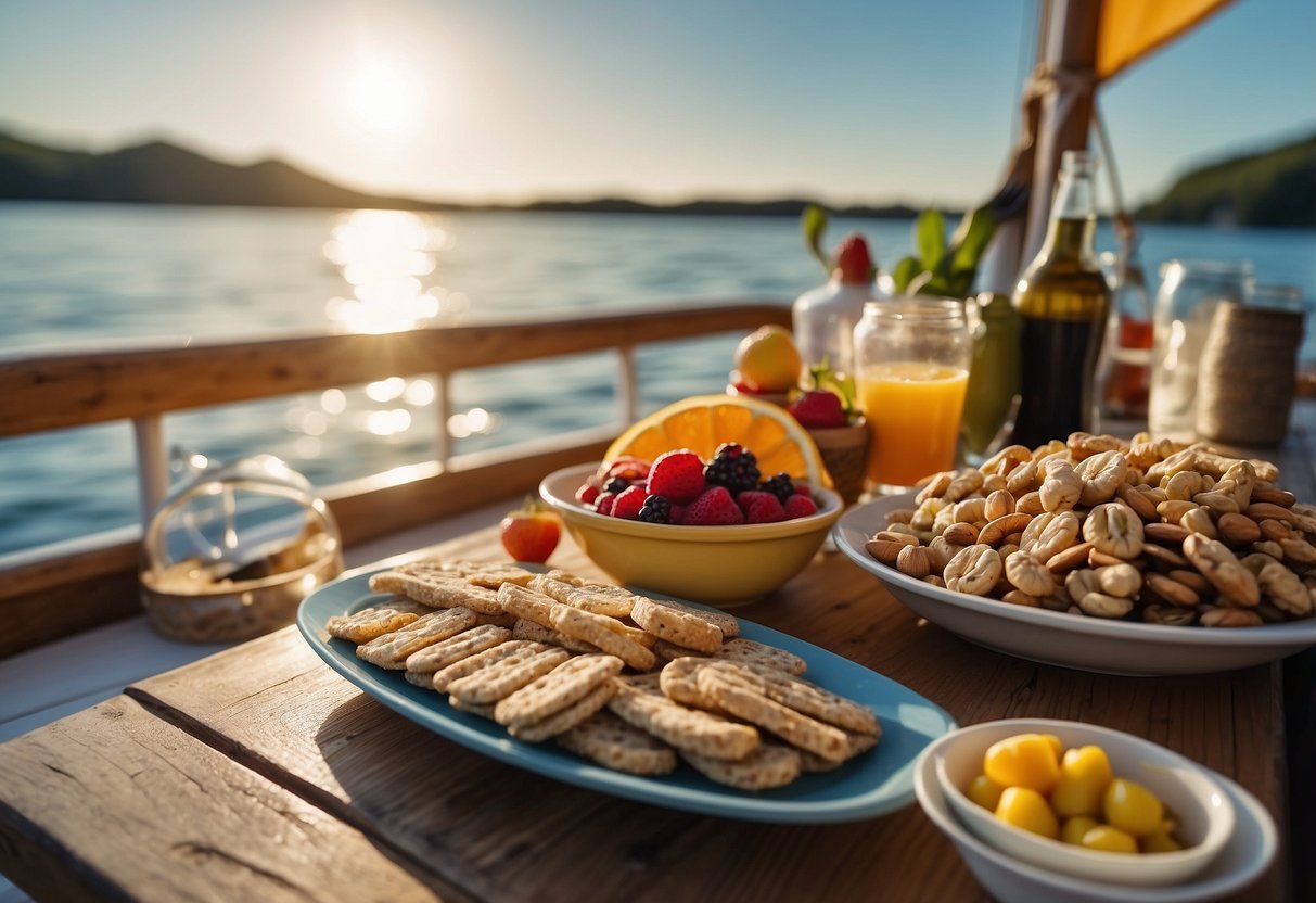 A boat on calm water with a variety of snacks laid out on a table, including fruits, nuts, and granola bars. The sun is shining, and there are fishing rods in the background