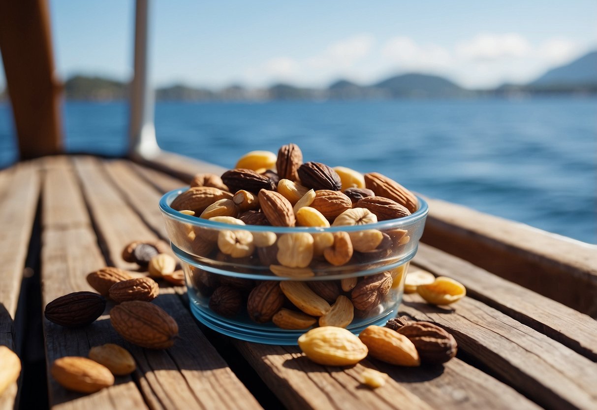 A colorful assortment of nuts, seeds, and dried fruits spill out of a resealable bag onto a boat's deck, with a backdrop of sparkling blue water and a clear sky