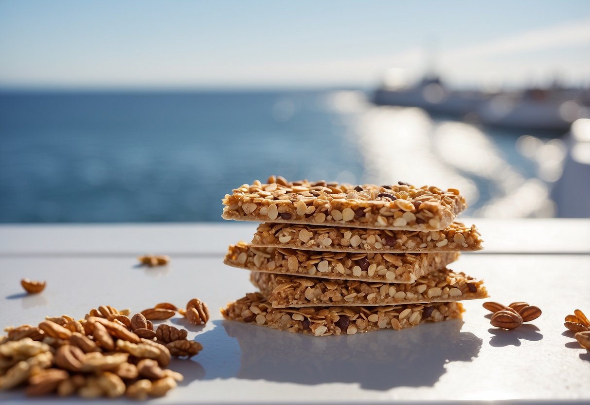 A sunny boat deck with a variety of granola bars scattered on a clean, white surface. The backdrop is a calm, blue ocean with a few seagulls flying overhead