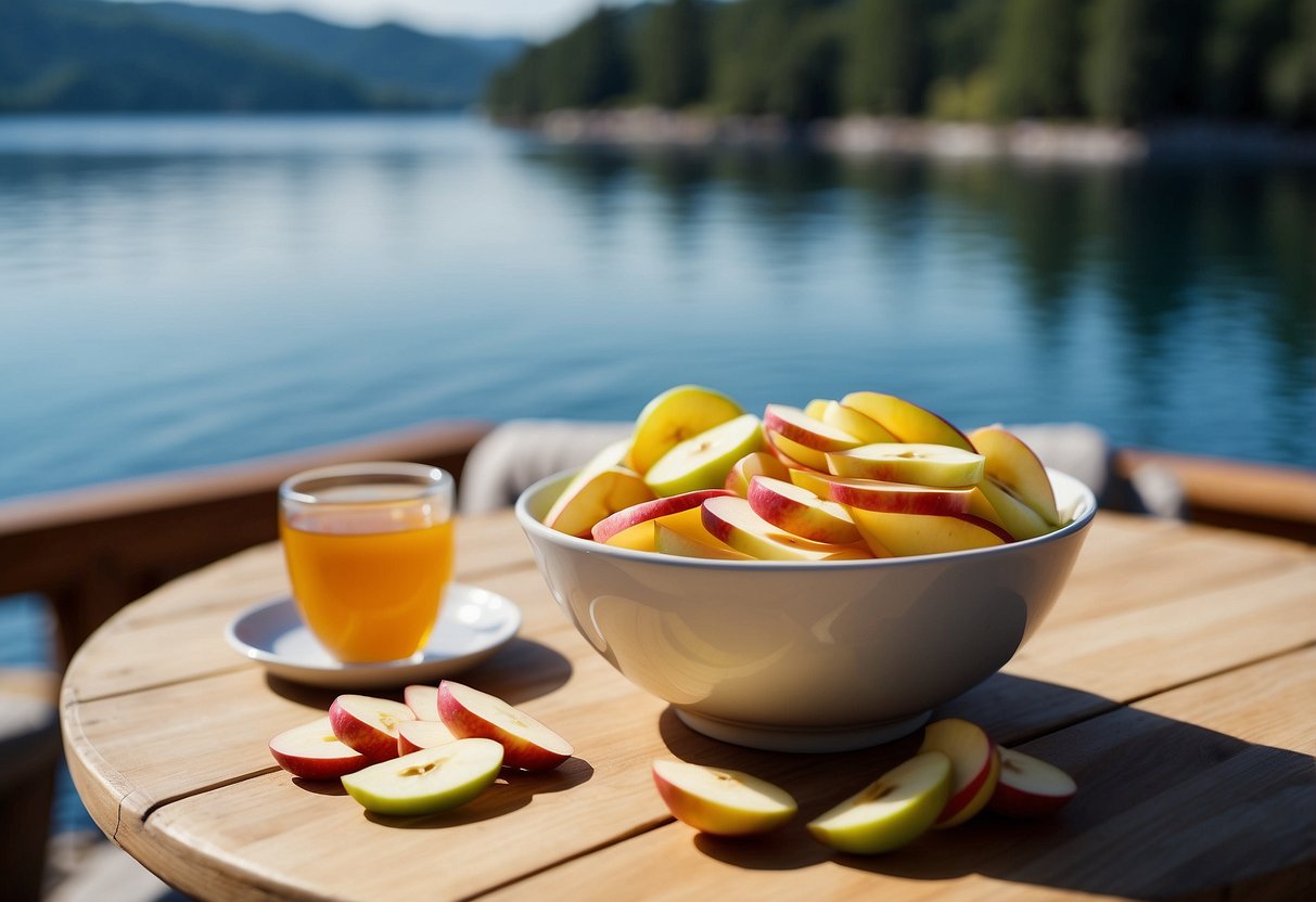 A bowl of apple slices sits on a wooden table next to a stack of lightweight snacks. The table is set against a backdrop of a calm, blue lake with a boat in the distance