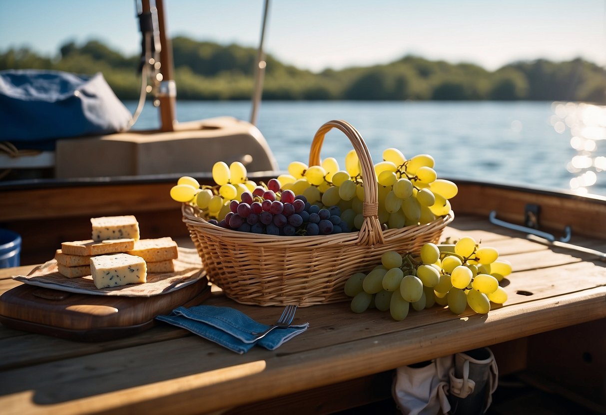 A picnic basket filled with grapes, crackers, and cheese sits on a boat deck next to a cooler and fishing gear. The sun is shining, and the water is calm