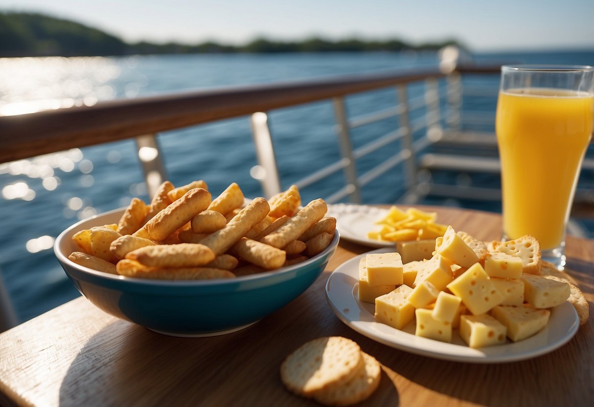 A boat deck with a table set for a snack, featuring a plate of cheese sticks and other lightweight snacks. The sun is shining, and the water is calm in the background