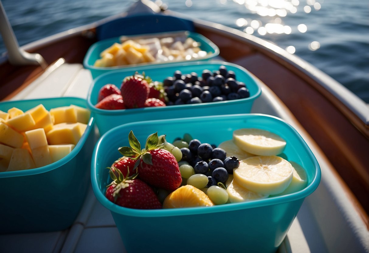 A sunny day on a boat, with a cooler open to reveal yogurt tubes and other lightweight snacks. The water is calm, and the sky is clear