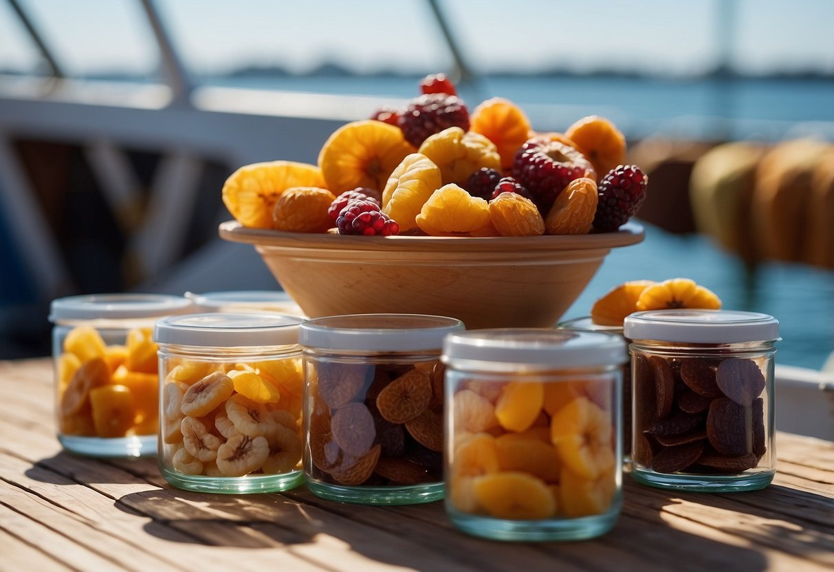 A variety of dried fruits arranged in small, portable containers on a boat deck, with the water and blue sky in the background