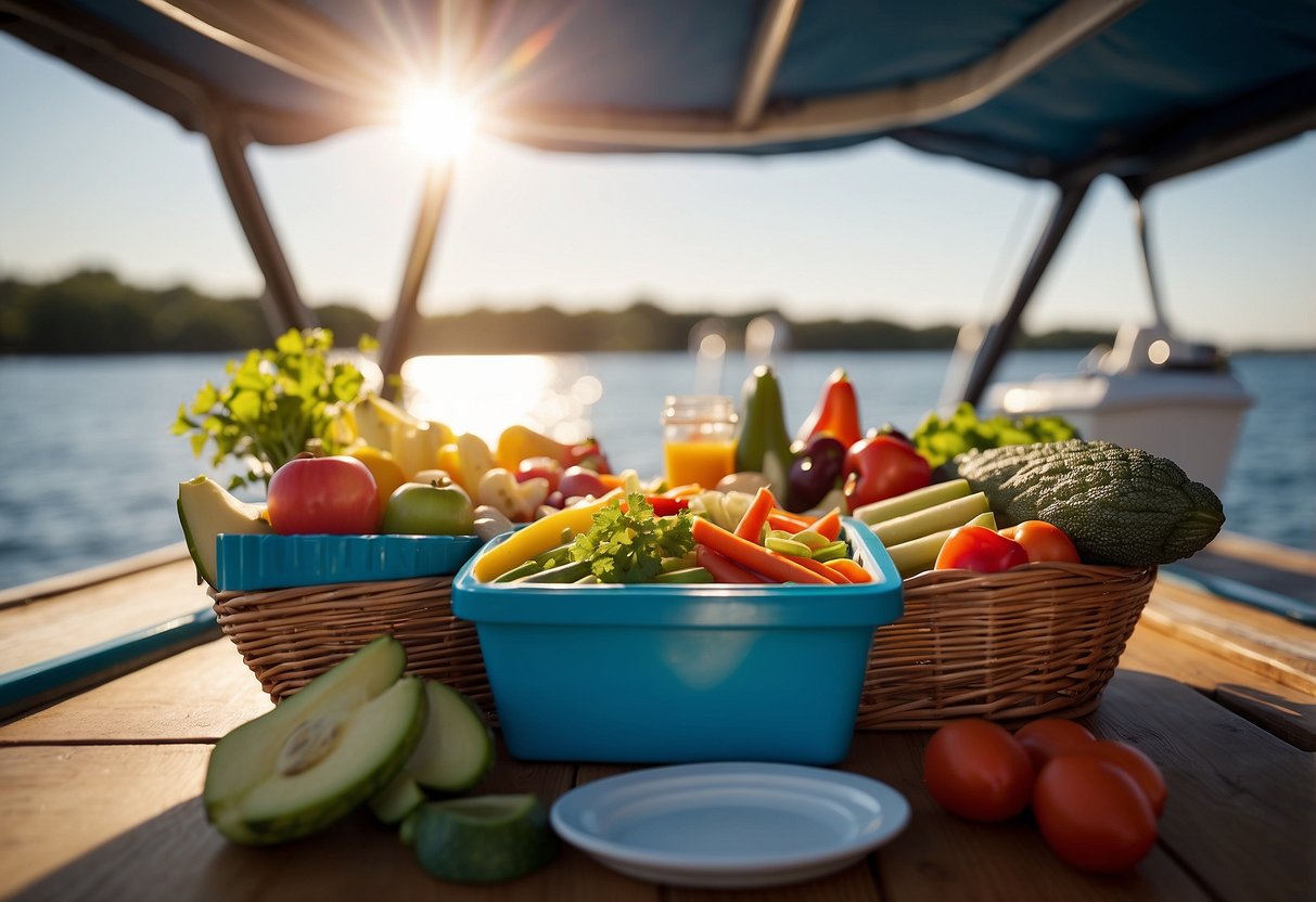 A picnic basket on a boat deck, filled with an assortment of colorful veggie sticks and dip containers. The sun is shining, and the water is calm in the background