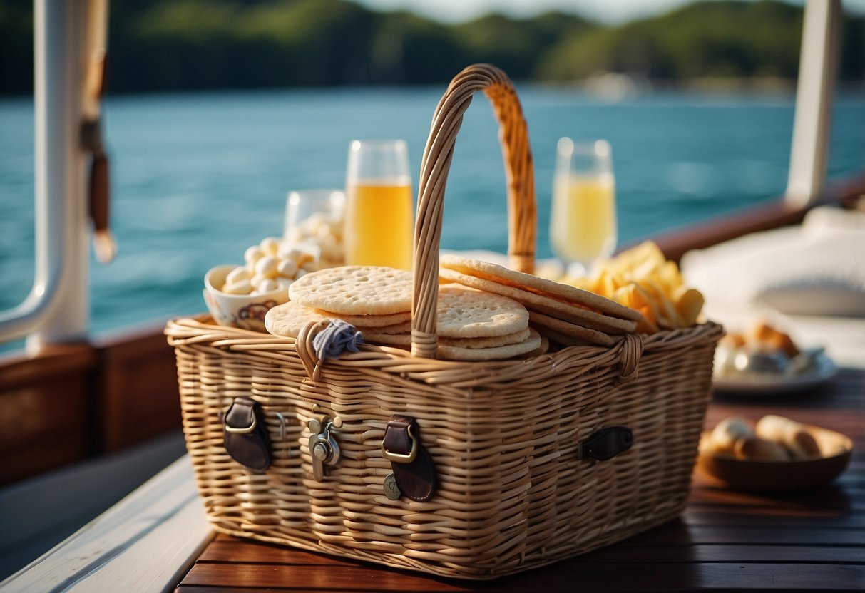 A picnic basket on a boat deck with a variety of rice cakes, surrounded by nautical-themed accessories and a serene water backdrop