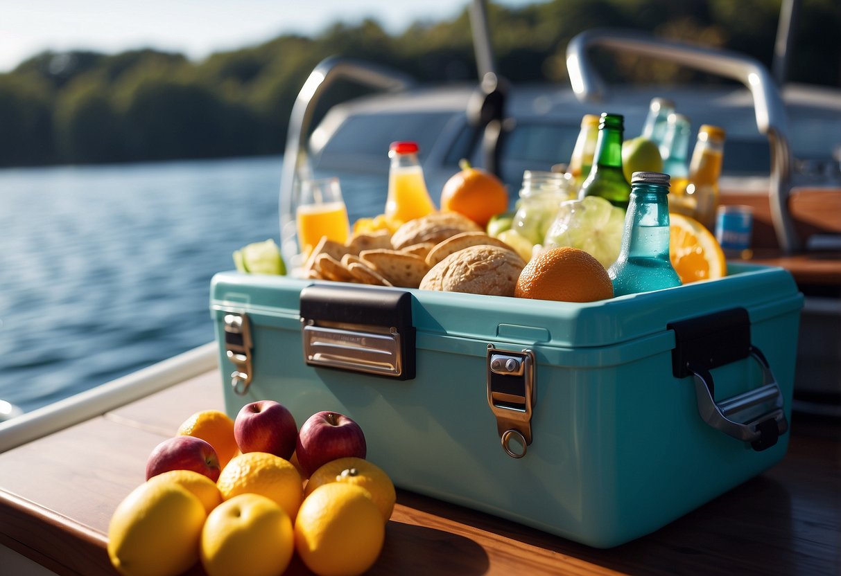 A cooler filled with assorted snacks and a variety of drinks sits on the deck of a boat, with the sun shining and water glistening in the background