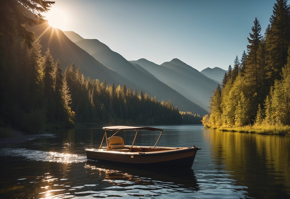 A small boat navigates through a winding river surrounded by dense forest and towering mountains. The sun casts a warm glow on the tranquil water, creating a serene and peaceful atmosphere