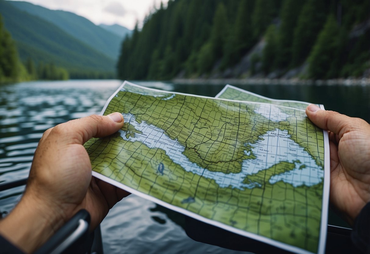 A person holding a detailed map while boating in a remote backcountry setting, surrounded by lush greenery and calm waters