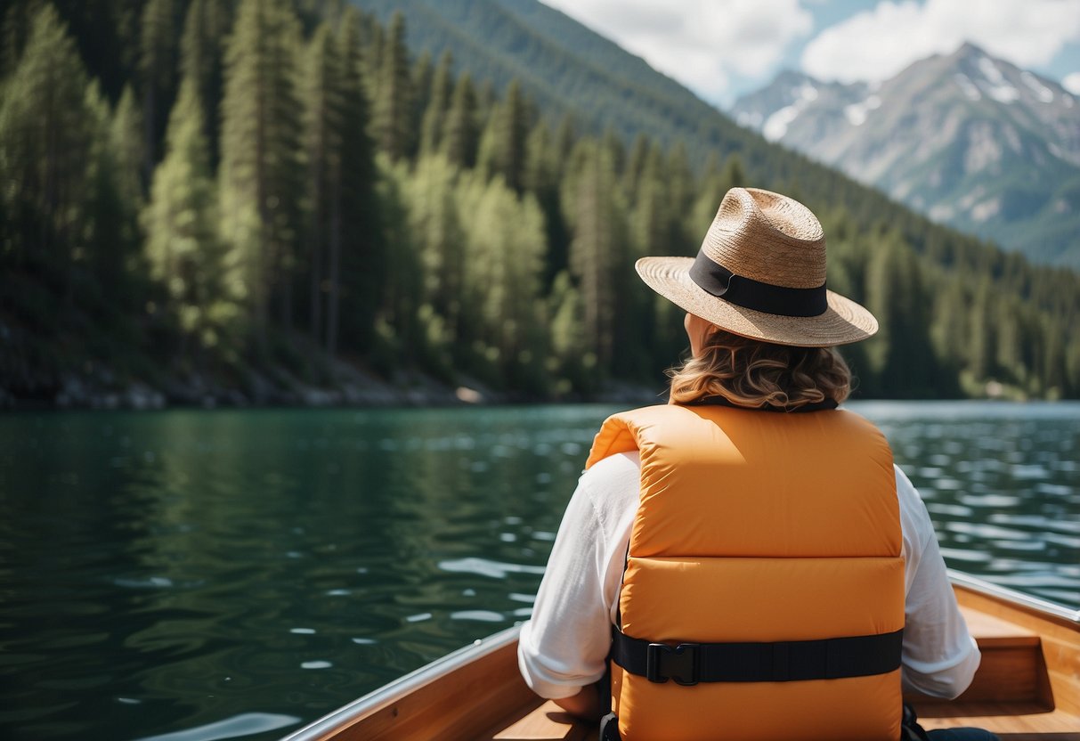 A person wearing a life jacket, hat, and sunglasses while boating in a remote, natural setting. The boat is surrounded by trees, mountains, and a calm, serene body of water