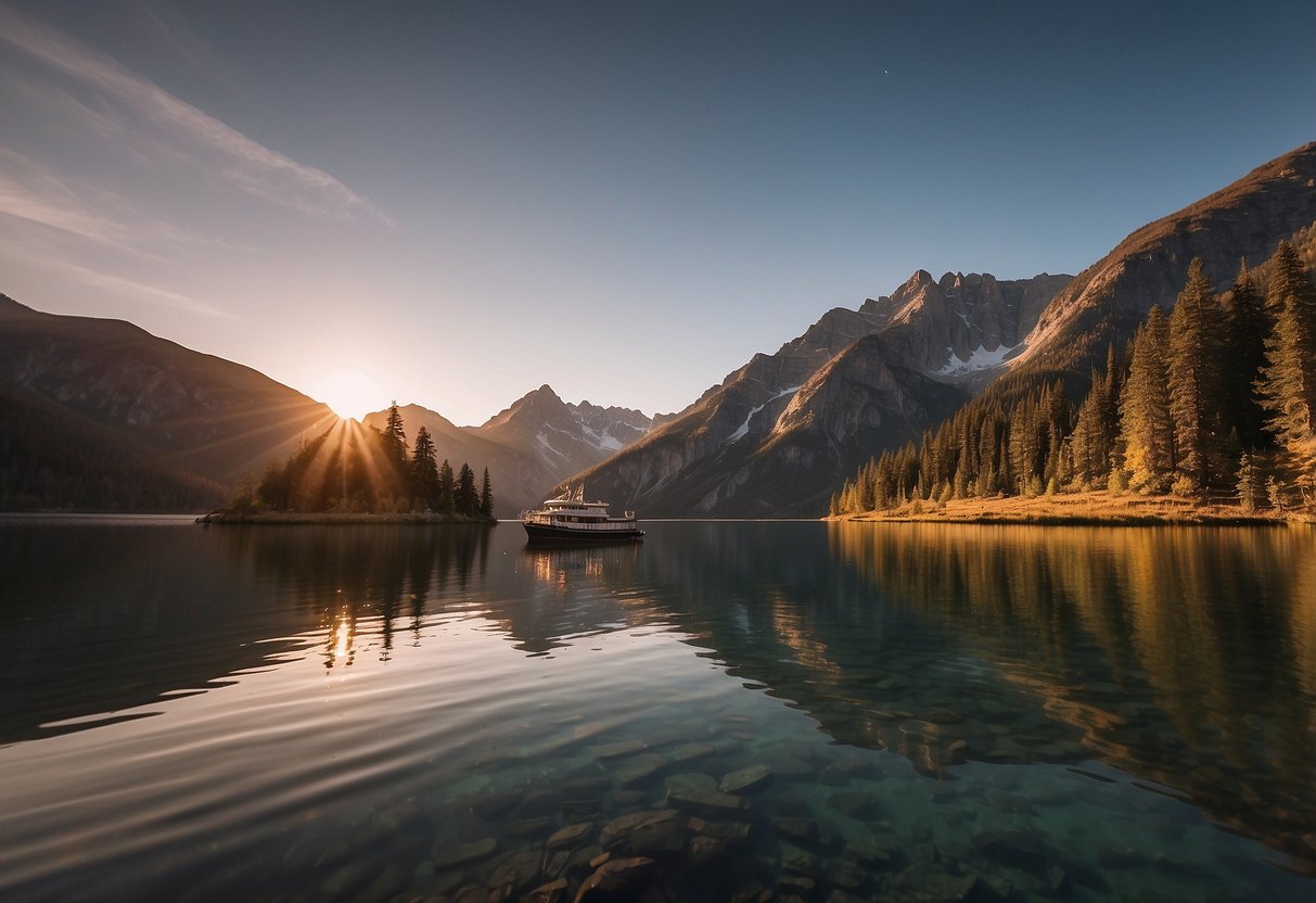 A boat navigates through a serene backcountry landscape, following local regulations. The sun sets behind the mountains as the vessel peacefully glides through the calm waters