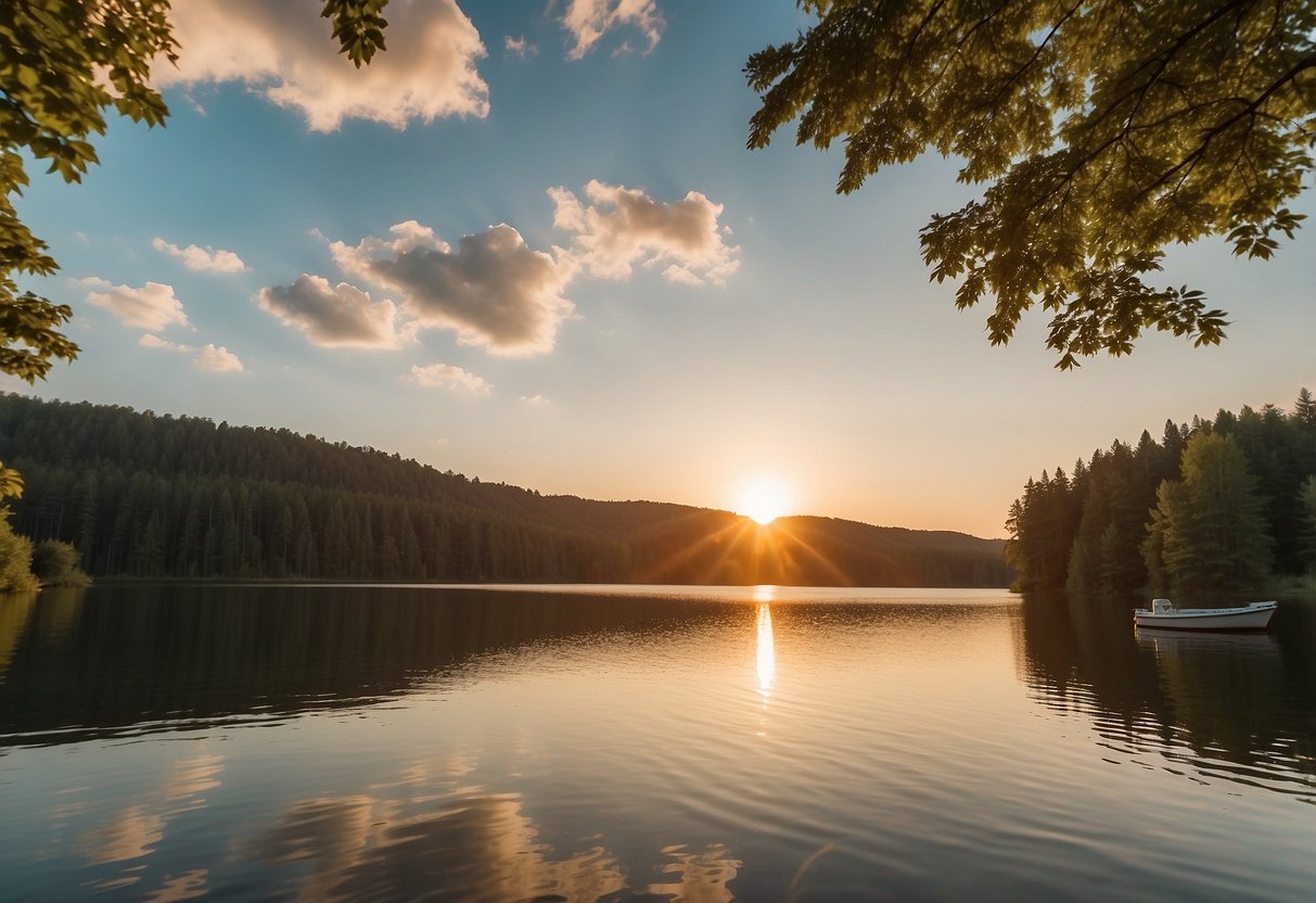 A serene lake surrounded by dense forest, with a small boat gliding through the calm waters. The sun sets in the distance, casting a warm glow over the tranquil scene