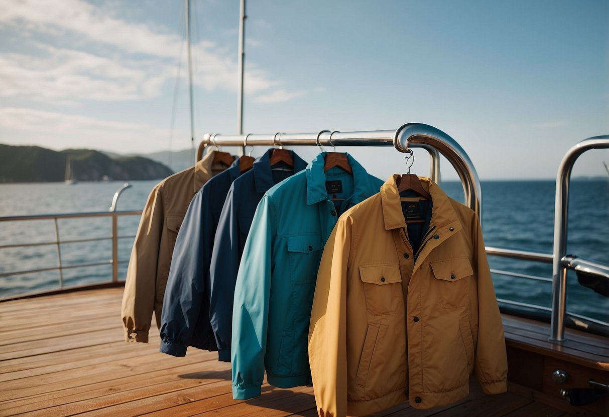 Five stylish lightweight jackets arranged on a boat deck with a scenic ocean background. Each jacket is showcased with its unique features and design