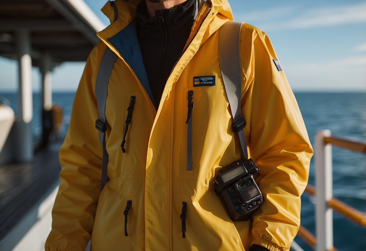 A bright yellow Patagonia Torrentshell 3L jacket hangs on a boat railing, with a calm ocean in the background