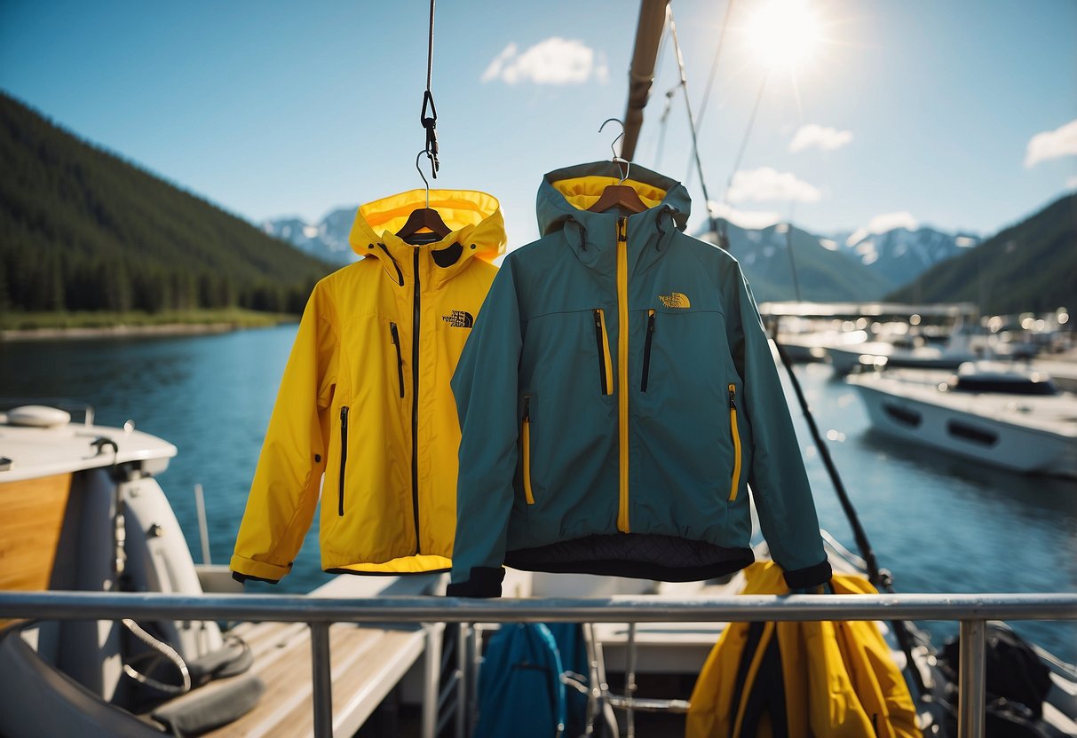 A bright yellow North Face Venture 2 jacket hangs on a boat railing, surrounded by other lightweight jackets. The sun reflects off the water in the background