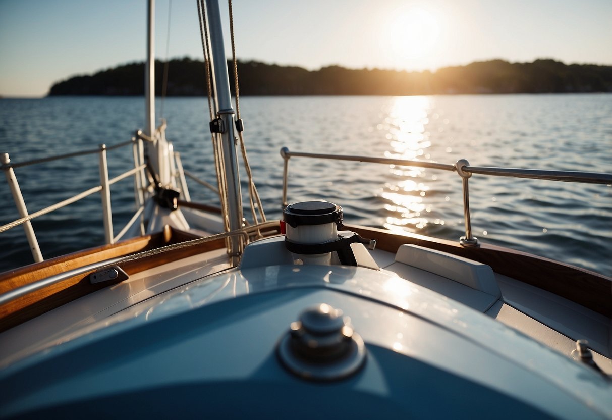 A boat sailing on calm waters, with a clear blue sky and a gentle breeze. A lightweight jacket draped over the seat, ready for use