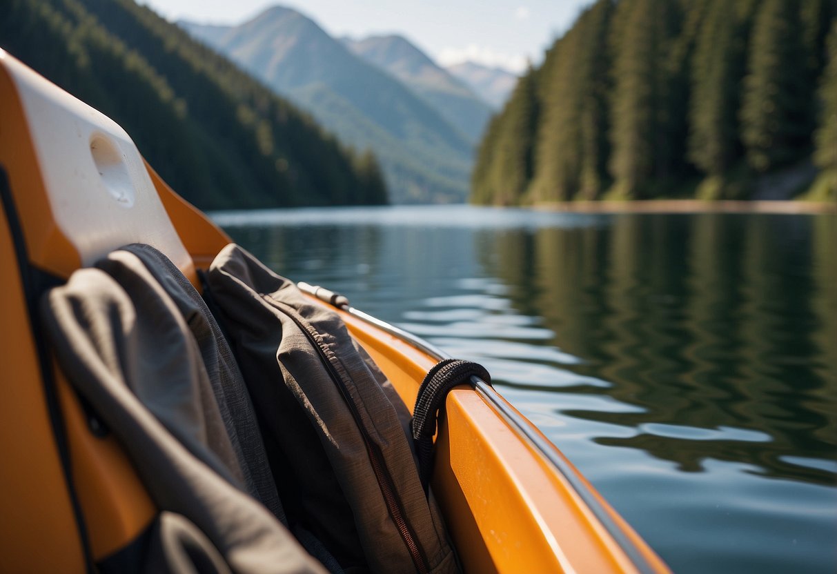 A sunny day on a calm lake, with a boat cruising smoothly. The water-resistant lightweight jackets are neatly hung on the boat's railing, showcasing their various material types and benefits