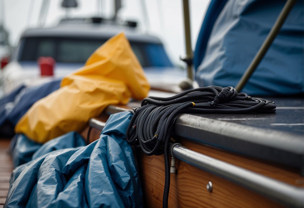 Gear laid out on a boat deck, covered with waterproof tarps. Bungee cords secure items in place. Rain flies overhead as waves crash against the hull