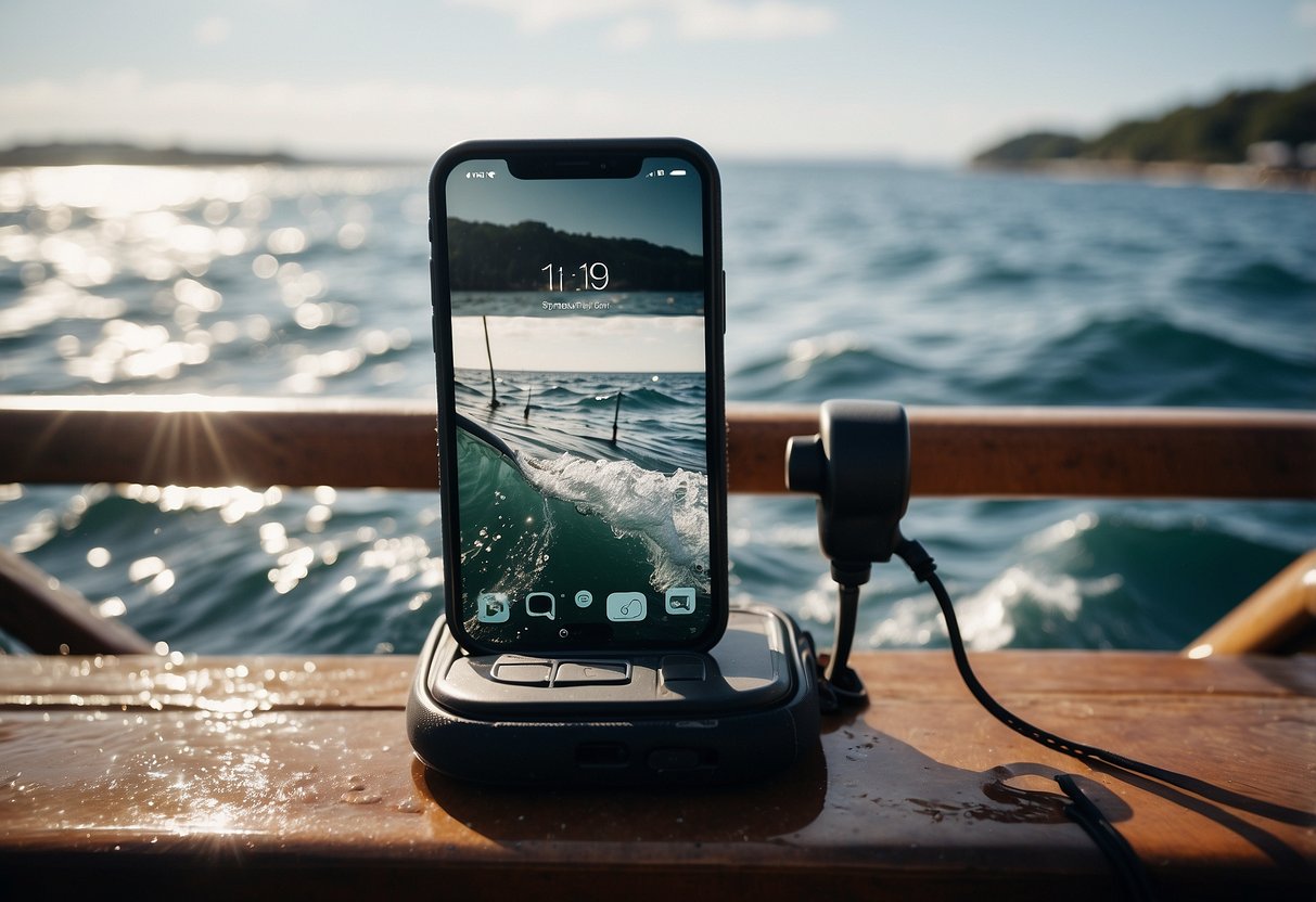 A boat deck with various gear protected by waterproof phone cases, including cameras, phones, and electronic devices, surrounded by water and splashing waves