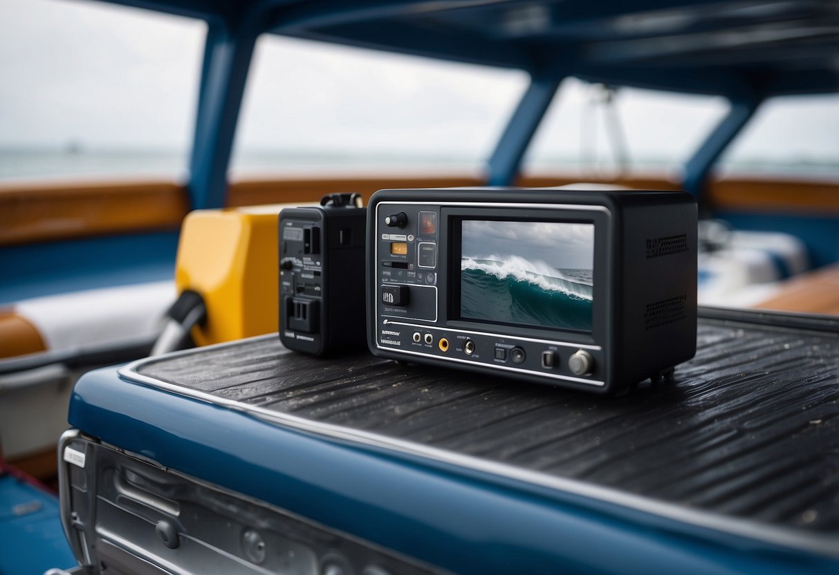 Electronic devices stored in waterproof boxes on a boat deck, with waves crashing in the background and a cloudy sky overhead