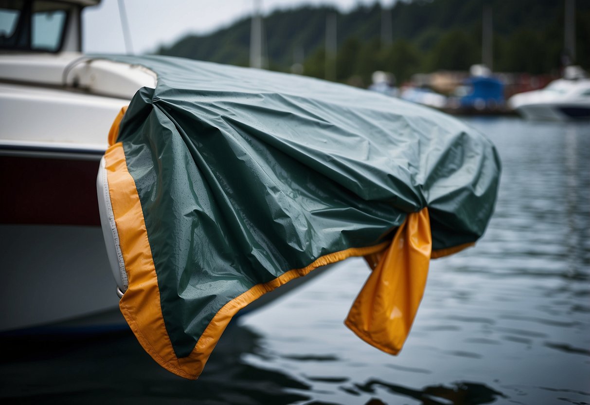 A boat cover is shown keeping gear dry in various weather conditions, such as rain, wind, and waves, while securely fastened to the boat