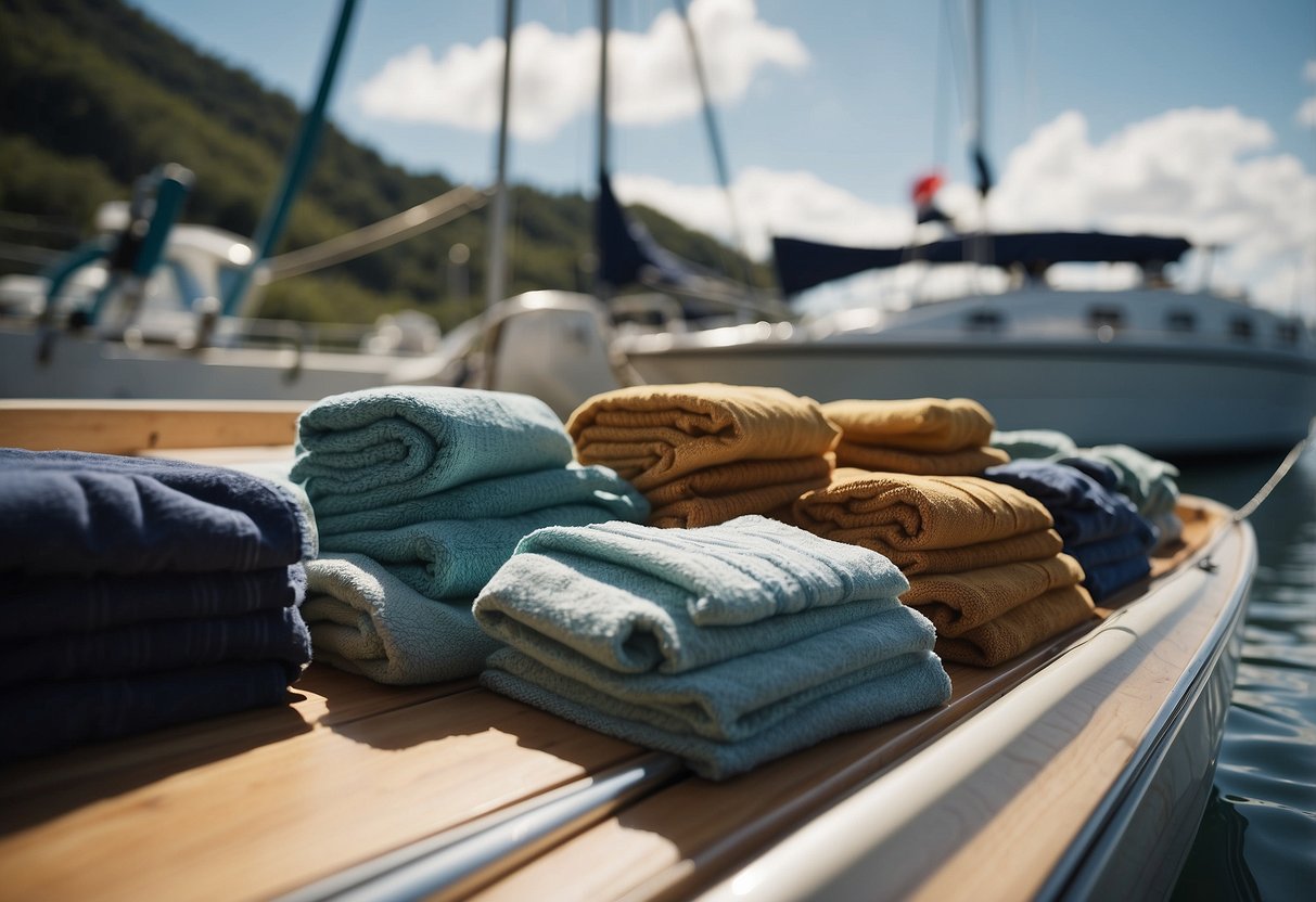 Towels are placed strategically around a boat, ready to be used for quick drying. Gear is neatly organized and protected from moisture