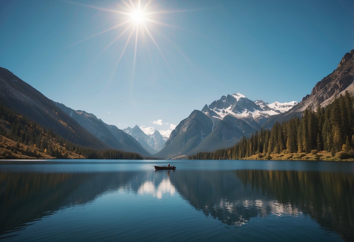 A boat glides across a pristine mountain lake, surrounded by towering peaks and clear blue skies. The air is thin, and the water sparkles in the high altitude sun